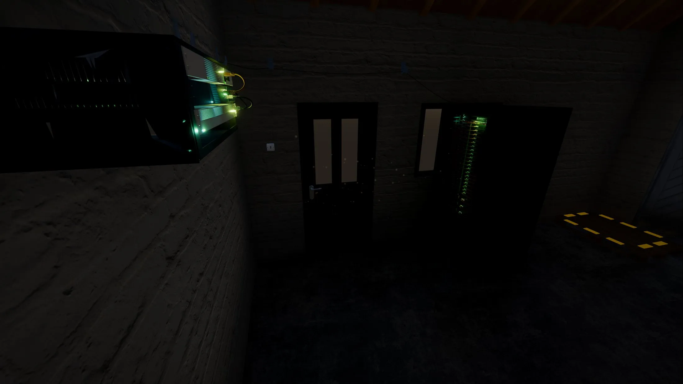 A dark garage at night, racks glowing green and amber behind doorways, hazard stripes on the floor