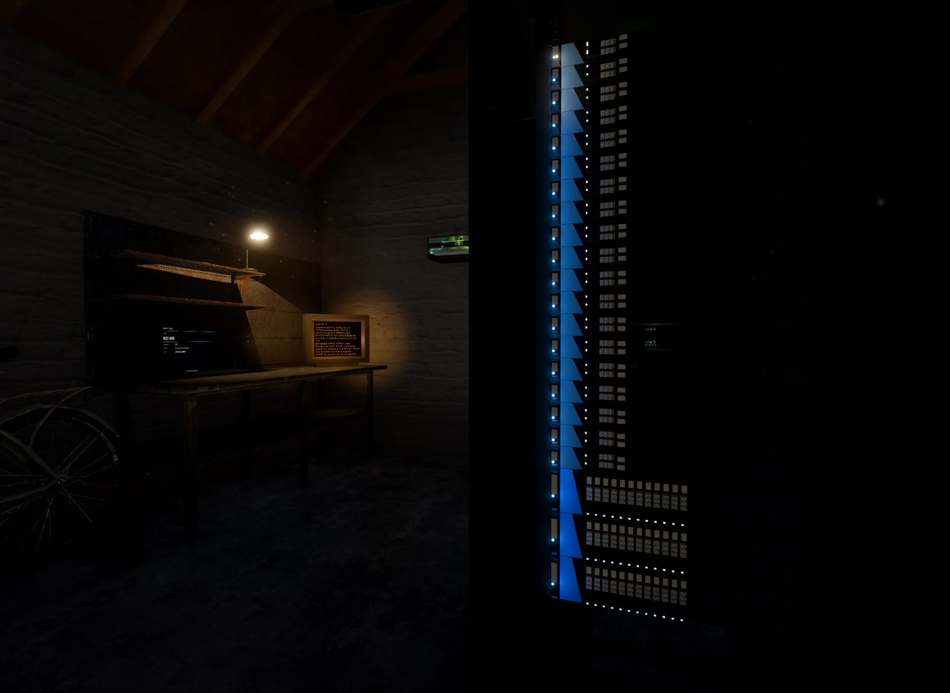 A server rack glowing in a dark garage, lit by a warm work-lamp — the first node of a homegrown cloud